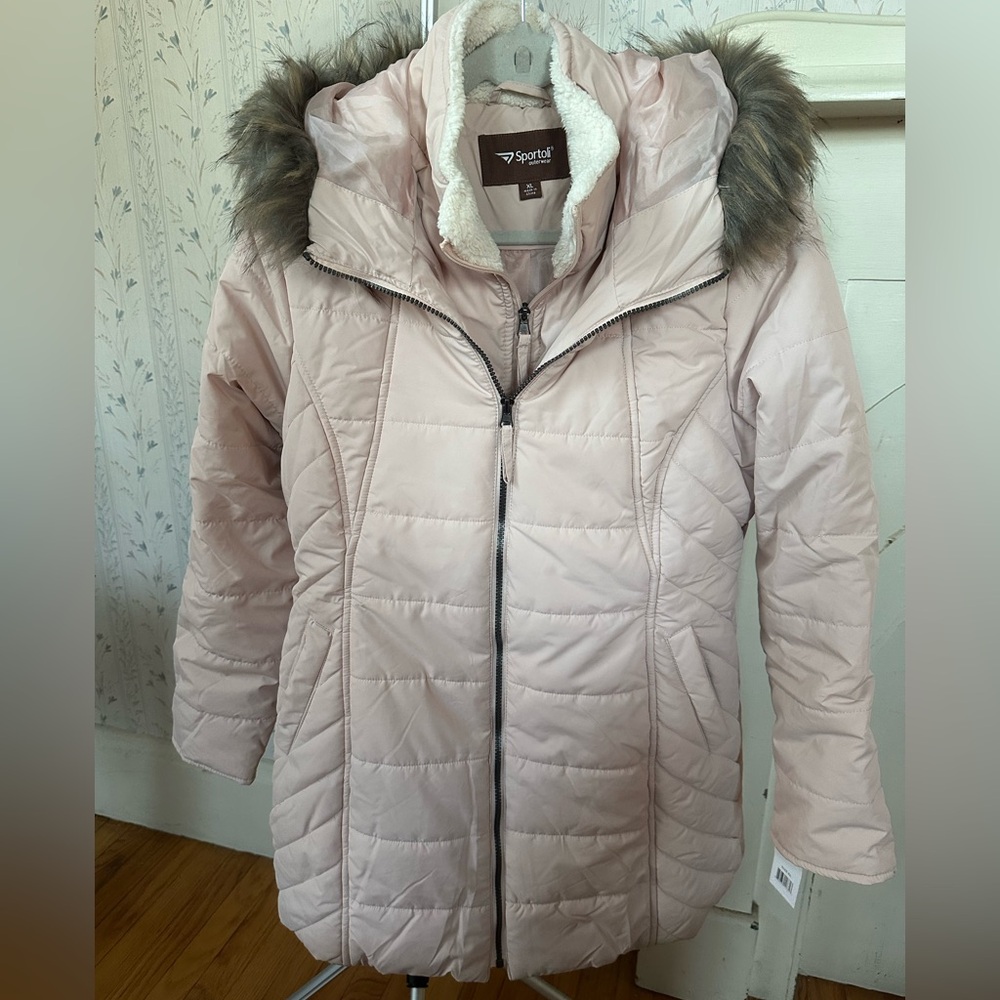 Sportoli Blush Quilted Jacket with Faux Fur Hood